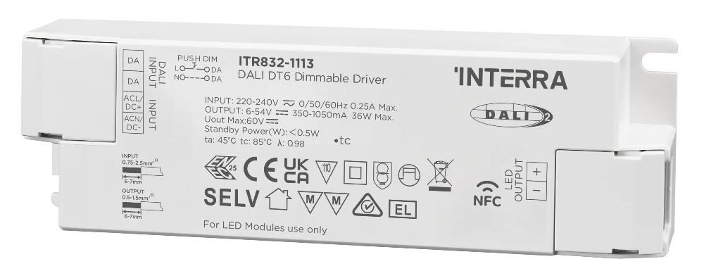 36W NFC Programlanabilir DALI-2 DT6 Constant Current LED Sürücü (350 - 1050 mA)