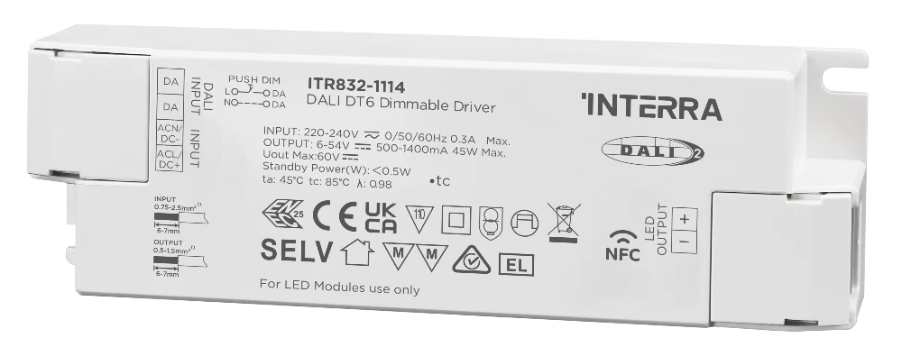 45W NFC Programlanabilir DALI-2 DT6 Constant Current LED Sürücü (500 - 1400 mA)