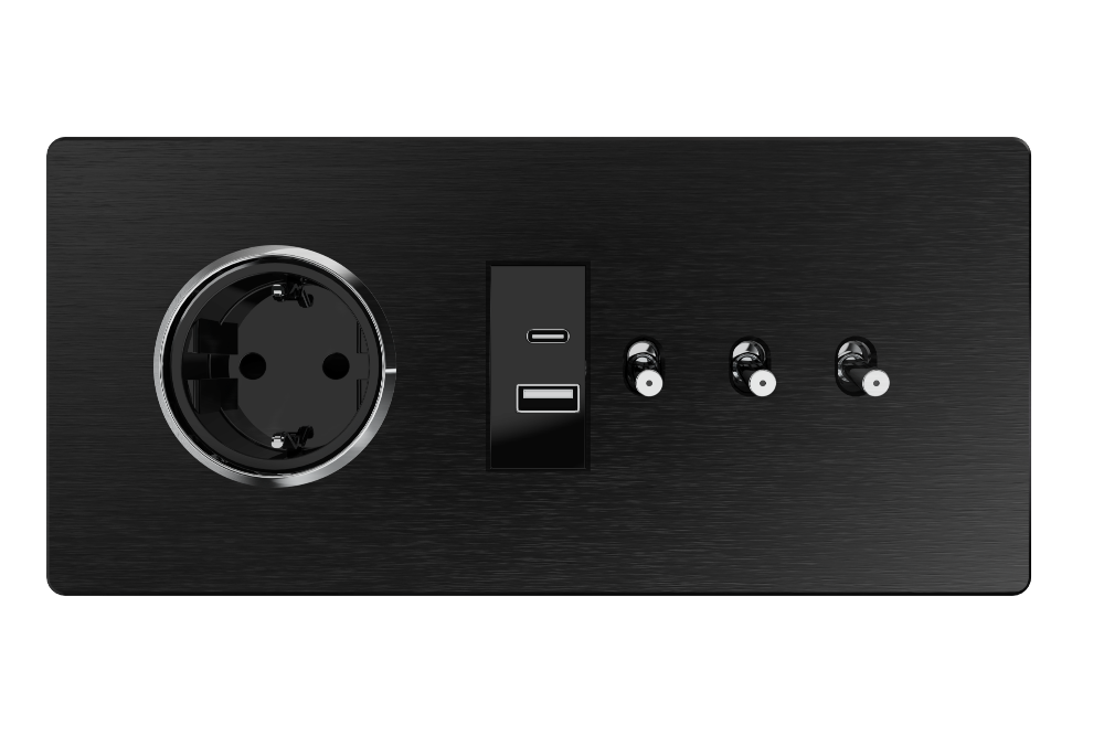 7M Yuvarlak Priz + USB- A+C Şarj + 3 Toggle Anahtar + Boş Modül – Aluminium Black